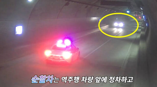 지난달 21일 남양주의 한 도로에서 역주행 중인 차량이 마주오던 순찰차와 마주치며 음주운전한 사실이 적발됐다. 경찰청 유튜브 갈무리