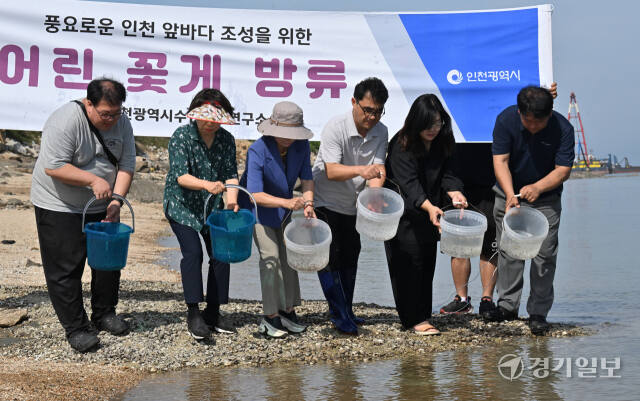 17일 인천 중구 삼목선착장에서 인천 수산자원연구소 직원들이 꽃게 치어를 방류하고 있다. 이날 수산자원연구소는 용유도 해역에 꽃게 140만여 마리를 방류 했다. 조병석기자