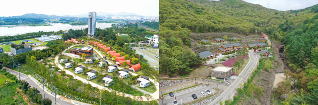 의왕 왕송호수캠핑장 전경(왼쪽)과 바라산자연휴양림 전경. 의왕도시공사 제공