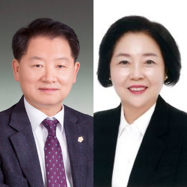 (왼쪽부터)인천시의회 후반기 제1부의장 후보인 김종배 시의원(미추홀4), 이선옥 시의원(남동2). 인천시의회 제공