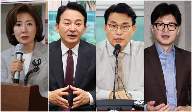 (왼쪽부터)나경원 국민의힘 의원, 원희룡 전 국토교통부 장관, 윤상현 국민의힘 의원, 한동훈 전 비상대책위원장. 연합뉴스