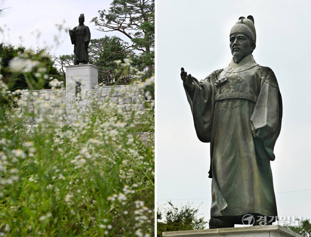 수원특례시 장안구 지지대고개에 세워진 정조대왕상이 찾는이가 거의 없을 뿐 아니라 관리도 부실한 것으로 나타났다. 사진은 1일 오후 동상 주변에 자라난 무성한 잡초들(왼쪽). 시커멓게 산화된 채 먼지와 얼룩이 뒤덮여 있는 동상. 김시범기자