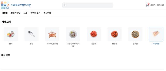 그나마 점포가 있는 다른 카테고리와는 달리 가공식품은 아예 가입 점포가 없다. 소래몰 홈페이지.