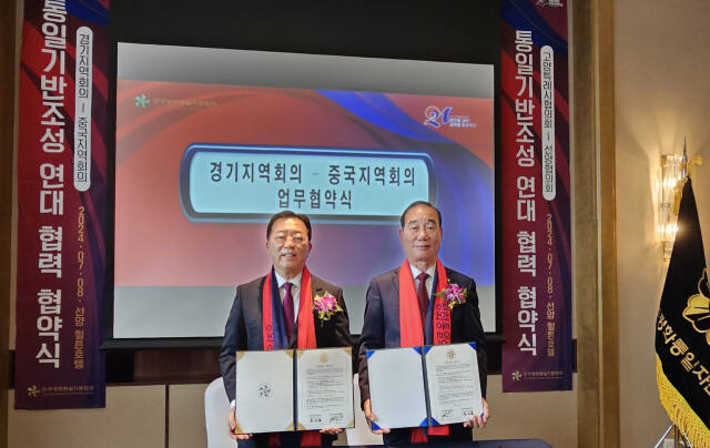 홍승표 민주평화통일자문회의 경기지역회의 부의장과 박영완 중국지역회의 부의장(선양협의회장 겸임)이 8일 중국 랴오닝성 선양시 힐튼호텔에서 자매결연 협약을 맺고 기념촬영을 하고 있다. 민주평통 경기지역회의 제공