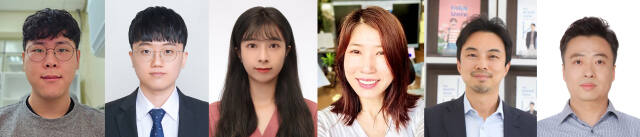 (왼쪽부터) 조건호, 김기동, 진위현 인하대학교 바이오시스템융합학과 대학원생, 지도교수인 손세진 생명과학과 교수, 전태준 생명공학과 교수, 김선민 기계공학과 교수. 인하대 제공