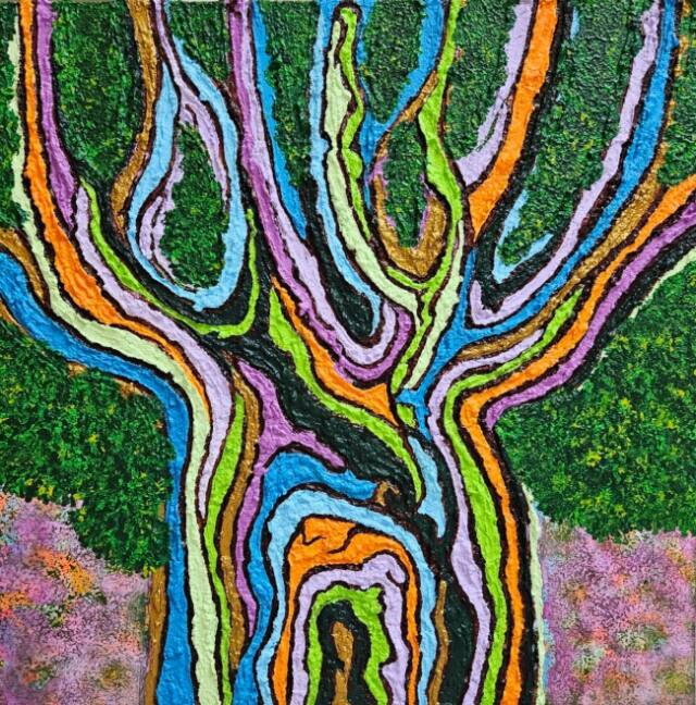 이규재 作, 스마일트리-나무도 즐거우면 스마일 웃어요, 2023, 캔버스에 혼합재료, 60.6x60.6cm. 벗이미술관 제공