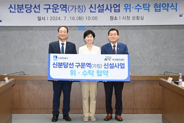 이재준 수원특례시장(오른쪽부터), 더불어민주당 백혜련 국회의원(수원시을), 이성해 국가철도공단 이사장이 16일 수원시청 상황실에서 ‘신분당선 구운역 신설사업 위·수탁’ 협약 후 기념촬영을 하고 있다. 수원특례시 제공