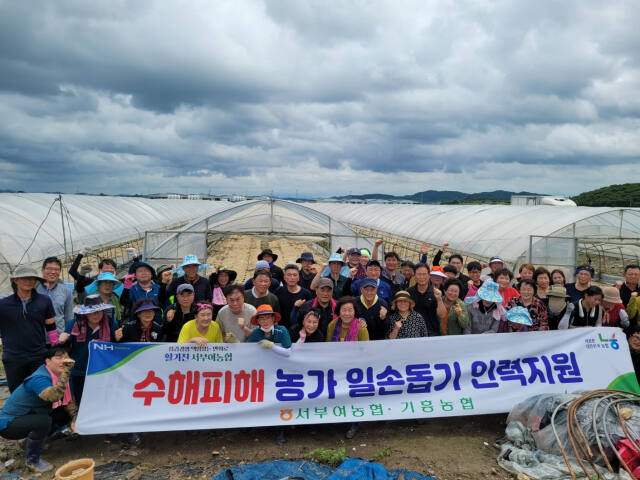 지난 17일 오전 충청남도 부여군 남면 일대 수박 농장 시설하우스에서 진행된 수해피해 농가 일손돕기 인력지원 봉사에 참여한 기흥농협 및 서부여농협 임직원, 기흥농협 고향주부모임 등 관계자들이 기념촬영을 하고 있다. 기흥농협 제공
