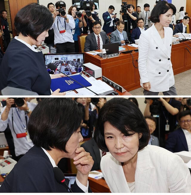 최민희 과방위원장과 이진숙 후보자의 신경전. 연합뉴스