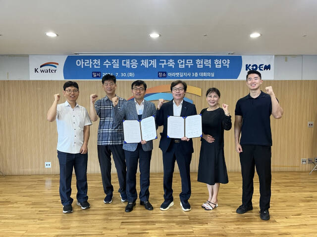 30일 한국수자원공사 아라뱃길지사와 해양환경공단 인천지사 관계자들이 업무협약을 체결한 뒤 기념 촬영을 하고 있다. 한국수자원공사 아라뱃길지사 제공