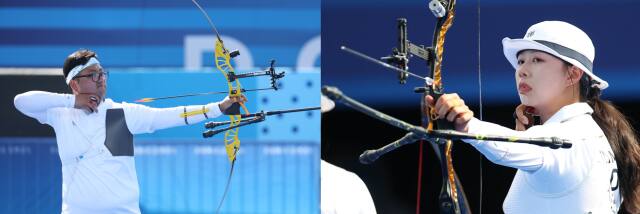김우진(왼쪽)과 임시현이 2일 열릴 2024 파리 올림픽 양궁 혼성 단체전서 대회 2관왕에 도전한다. 연합뉴스
