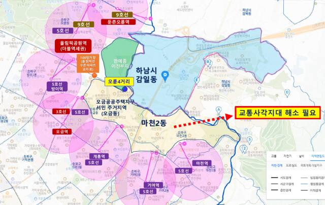 송파하남선 100정거장(올림픽선수촌아파트) 인근 역세권 형성 도표. 독자 제공