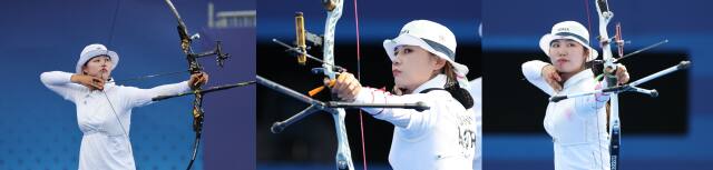 2024 파리 올림픽 여자 양궁 개인전서 (왼쪽부터) 임시현·전훈영·남수현이 16강 진출에 성공했다. 연합뉴스