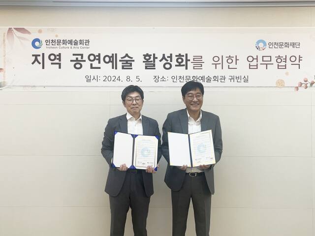 김영덕 인천문화재단 대표(왼쪽)와 신병철 인천문화예술회관 관장이 업무협약을 마치고 기념촬영을 하고 있다. 인천문화재단 제공