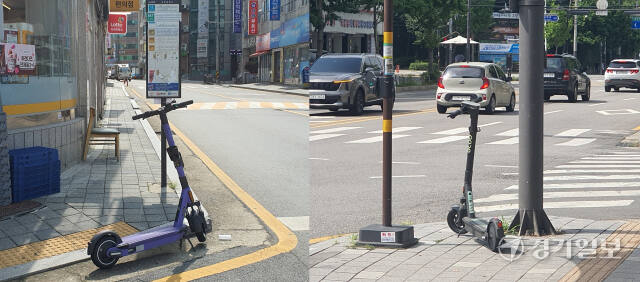 고양특례시 덕양구의 도로 및 인도 곳곳에 전동킥보드가 무단 방치돼 있다. 신진욱기자