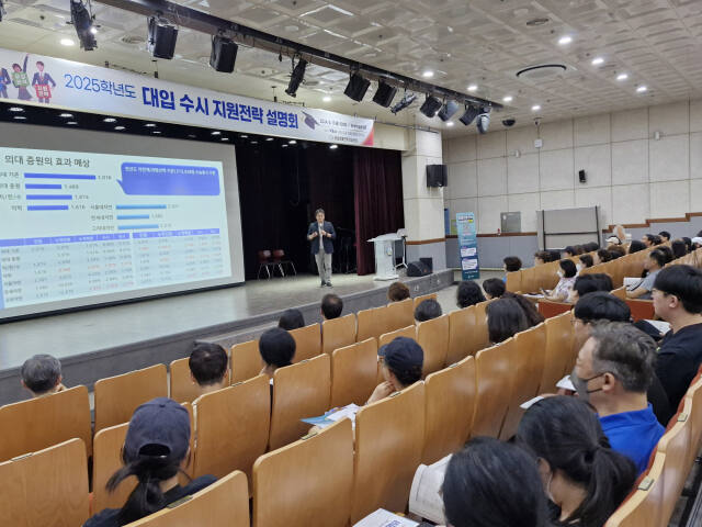 의왕시 진로진학상담센터가 개최한 ‘2025학년도 대입 수시전략 설명회’에 참석한 수험생과 학부모들이 대입수시에 대한 설명을 듣고 있다. 의왕시 제공