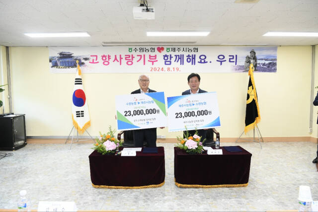수원농협이 19일 제주시농협과 고향사랑기부제를 통한 지역 농산물 소비 활성화를 도모했다. 이날 염규종 수원농협 조합장(오른쪽)과 고봉주 제주시농협 조합장이 기탁식 이후 환한 미소를 보이고 있다. 수원농협 제공