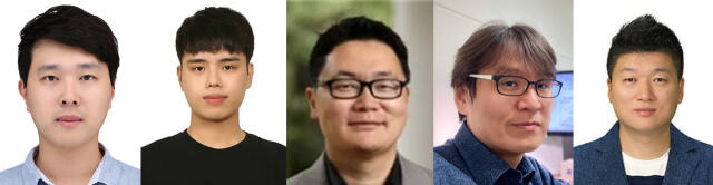 (왼쪽) 김도완 박사, 송진우 석사과정생, 이규상 교수, 장재원 교수, 박동혁 교수. 인하대 제공