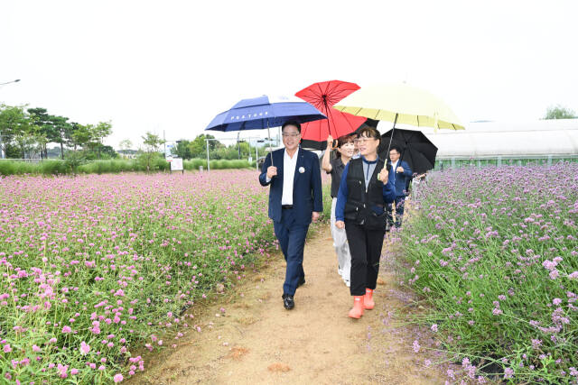강수현 양주시장이 27일 오전 광사동 나리농원에서 열린 ‘현장간부회의’에서 직원들과 올해 새로 심은 루비그라스를 둘러 보고 있다. 양주시 제공