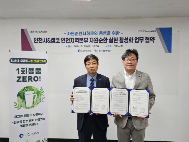 29일 인천시청에서 인천시와 캠코 인천지역본부가 자원순환 실천을 위한 업무협약 후 기념촬영을 하고 있다. 인천시 제공