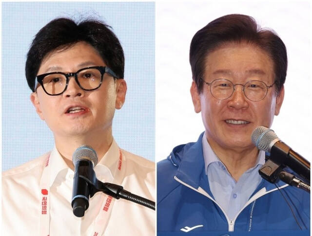 국민의힘 한동훈(왼쪽)·더불어민주당 이재명 대표가 지난 29일 인천에서 각각 열린 1박 2일 연찬회·워크숍에서 인사말하고 있다. 두 대표는 내달 1일 오후 2시 국회에서 대표 회담을 개최한다. 연합뉴스