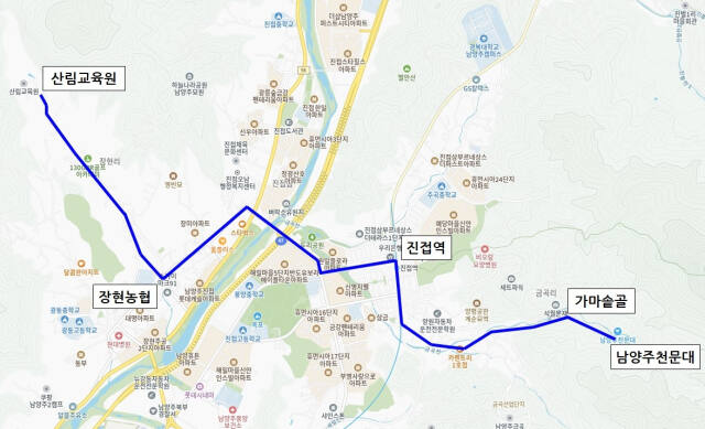 남양주 진접읍 산림교육원을 기점으로 장현농협, 금곡교, 진접역, 금곡리 가마솥골을 거쳐 남양주천문대까지 하루 9회씩 운행될 77번 버스노선이 12일 개통된다. 사진은 버스노선도. 남양주시 제공