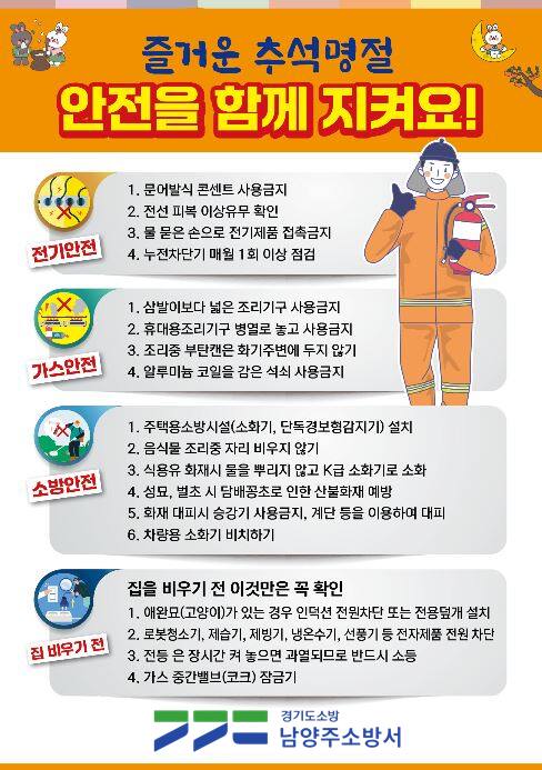 남양주소방서는 10일 다가오는 추석 맞아 안전을 당부했다. 남양주소방서 제공