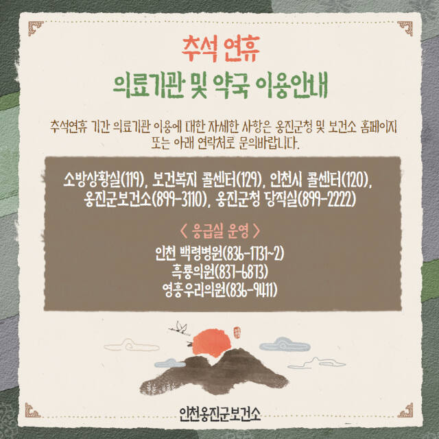 추석 기간 옹진군 의료기관 및 약국 이용안내. 군 제공