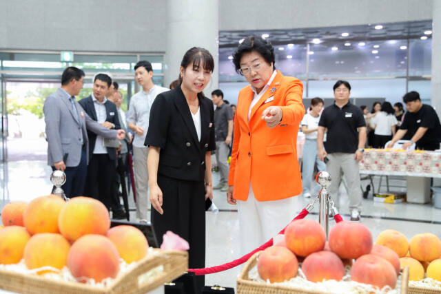 이천시 김경희 시장(오른쪽)이 제28회 햇사레 장호원황도 품평회에 출품한 복숭아를 관람하고 있다. 이천시 제공
