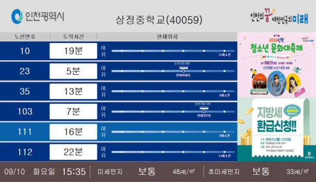 다양한 콘텐츠 송출이 가능해진 인천시 차세대 버스정보시스템 ‘바로버스 2.0’. 시 제공