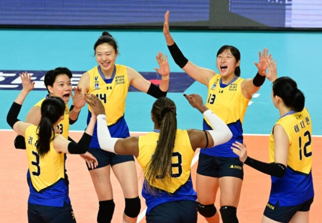 29일 경남 통영체육관서 열린 ‘2024 통영·도드람컵 프로배구대회’ 광주 페퍼저축은행과의 여자부 조별리그 A조 첫 경기에서 현대건설 선수들이 득점 후 기뻐하고 있다.한국배구연맹 제공