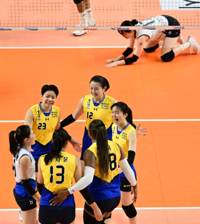 3일 경남 통영체육관서 열린 ‘2024 통영·도드람컵 프로배구대회’ 한국도로공사와 여자부 조별리그 A조 2차전에서 승리한 현대건설 선수들이 득점 후 기뻐하고 있다.한국배구연맹 제공