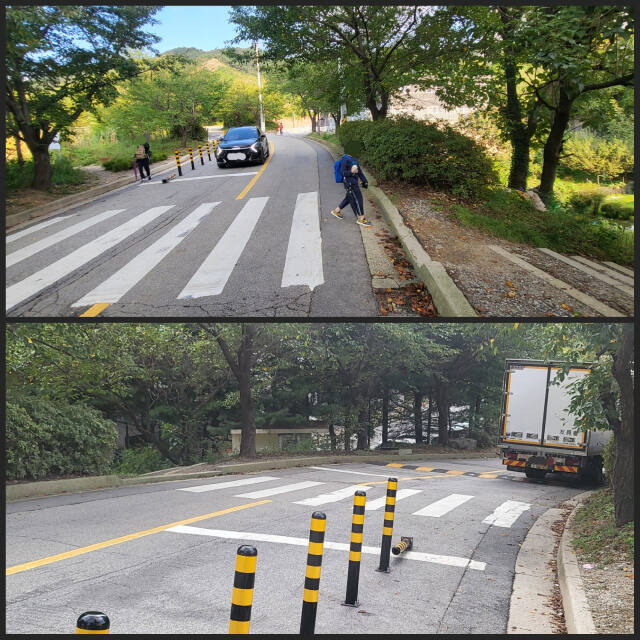 오남리 인근 일부 구간이 보도블록이 설치돼 있지 않은 채 볼라드로 통학로가 조성돼 있다. 김태우기자