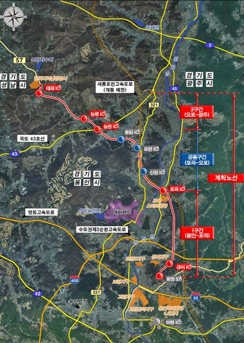 용인광주고속화도로 계획 노선도. 경기도 제공