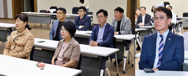 김학기 의왕시의회 의장을 비롯한 시의원들이 의왕시청 대회의실에서 실시된 폭력예방통합교육에 참여해 강의를 듣고 있다. 의왕시의회 제공
