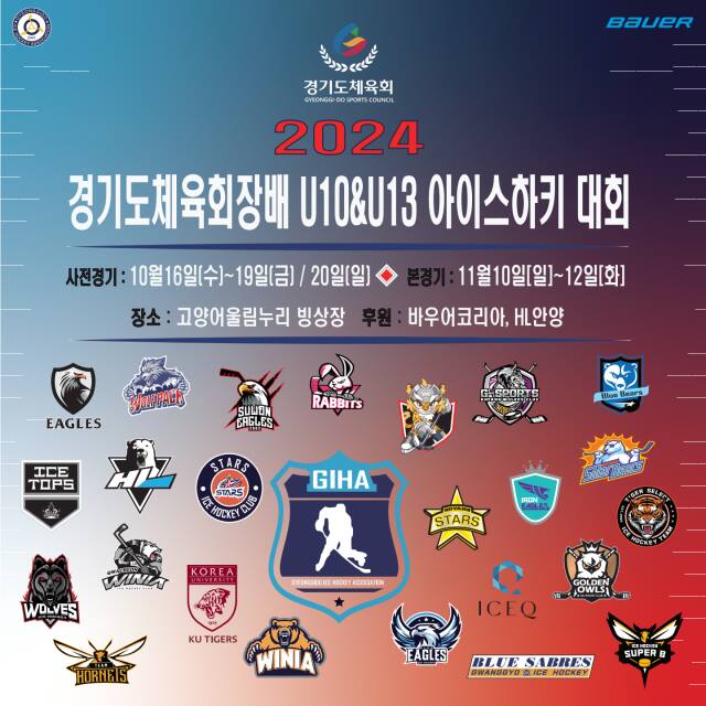 경기도아이스하키협회는 16일부터 11월12일까지 고양어울림누리 빙상장에서 ‘2024 경기도체육회장배 U-10 &amp; U-13 아이스하키대회’를 개최한다.경기도아이스하키협회 제공