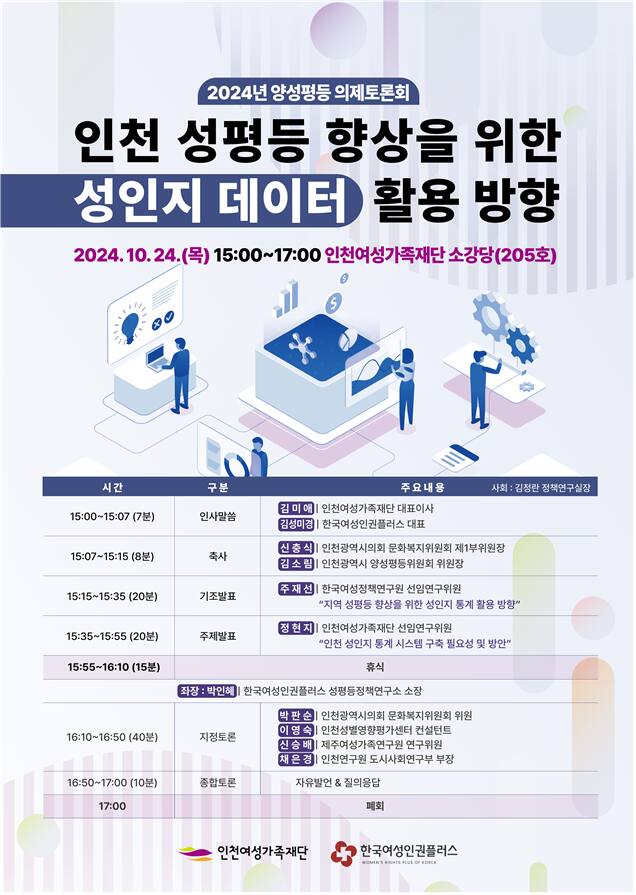 오는 24일 인천여성가족재단이 ‘인천시 성평등 향상을 위한 성인지 데이터 활용 방향’을 주제로 2024 양성평등 의제토론회를 연다. 인천시 제공