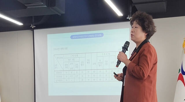경기도교육청 이현숙 교원인사과장이 ‘2025교육전문직원임용 선발전형 개정안'에 대해 설명하고 있다. 박화선 기자