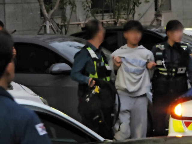 지난 19일 오후 인천 부평구 청천동 한 아파트 인근에서 차량을 훔치고 운전해 달아난 촉법소년 A군이 경찰에 붙잡힌 모습. 독자 제공