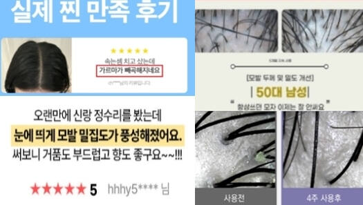 탈모 관련 화장품의 표시·광고 위반 유형 및 광고 문구. 식약처 제공