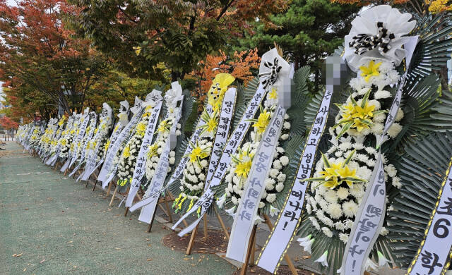 경기도 성남시의회 앞에 놓인 근조화환. 연합뉴스