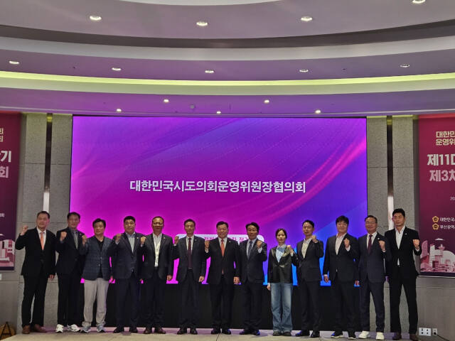 양우식 경기도의회 운영위원장(왼쪽에서 세번째)이 지난 30일 부산에서 열린 대한민국 시도의회 운영위원장 협의회 제11대 전반기 제3차 정기회의에 참석한 뒤 기념촬영을 하고 있다. 대한민국시도의회운영위원장협의회 제공