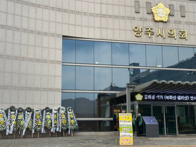 시민단체 회원이 4일 오전 8시 양주시의회 앞에서 시의회의 조속한 정상화를 촉구하는 1인 시위를 벌이고 있다. 이종현기자