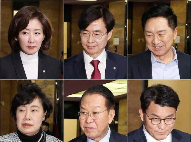 국민의힘 5~6선 의원들이 6일 오후 국회에서 열린 한동훈 대표와의 간담회에 참석하기 위해 당 대표실로 이동하고 있다. 왼쪽부터 시계방향으로 나경원, 조경태, 김기현, 윤상현, 권영세, 조배숙 의원. 연합뉴스