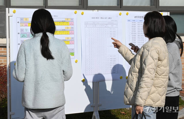 2025학년도 대학수학능력시험 예비소집일인 13일 인천 미추홀구 인화여자고등학교에서 수험생들이 시험장을 확인하고 있다.조병석기자