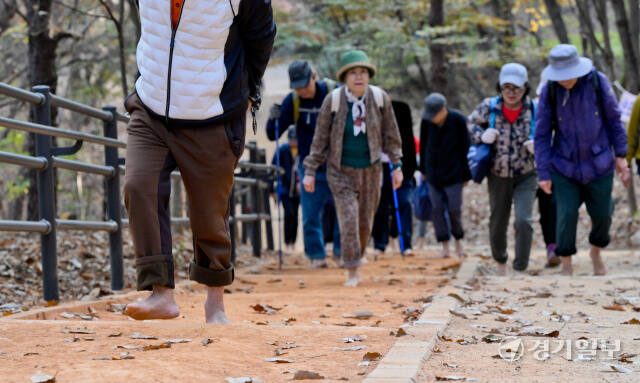 13일 오후 군포시 수리산 산림욕장 황톳길에서 시민들이 맨발로 산책을 하고 있다. 경기도는 이날 ‘경기 흙향기 맨발길 1천개 조성’ 선포식을 가졌다. 윤원규기자