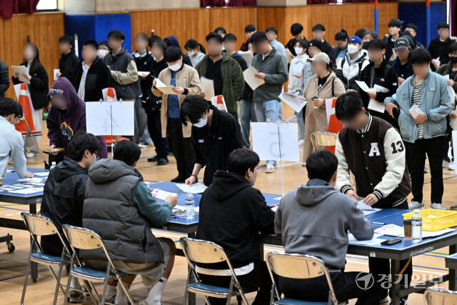 2025학년도 대학수학능력시험을 하루 앞둔 13일 오전 예비소집이 진행된 수원북중 체육관에서 수험생들이 본인 확인 절차 후 수험표를 받고 있다. 김시범기자