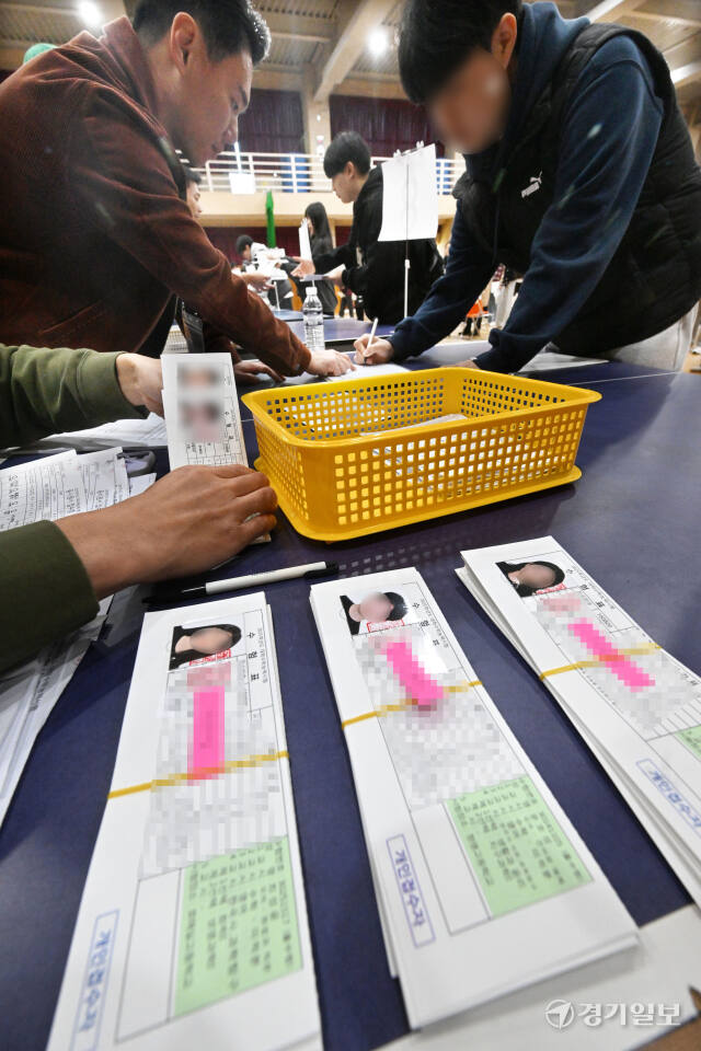 2025학년도 대학수학능력시험을 하루 앞둔 13일 오전 예비소집이 진행된 수원북중 체육관에서 수험생들이 본인 확인 절차 후 수험표를 받고 있다. 김시범기자