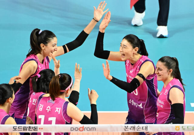 V리그 2024-2025시즌 여자부서 개막후 파죽의 7연승을 달린 인천 흥국생명 선수들이 환호하고 있다.KOVO 제공