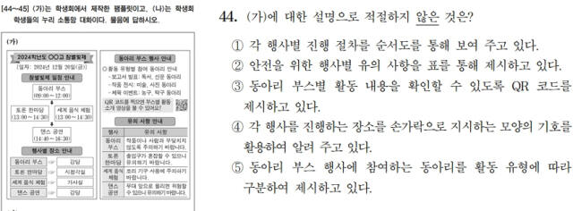 가장 많은 이의신청이 접수된 국어영역 언어와매체 44번 문항. 한국교육과정평가원 제공